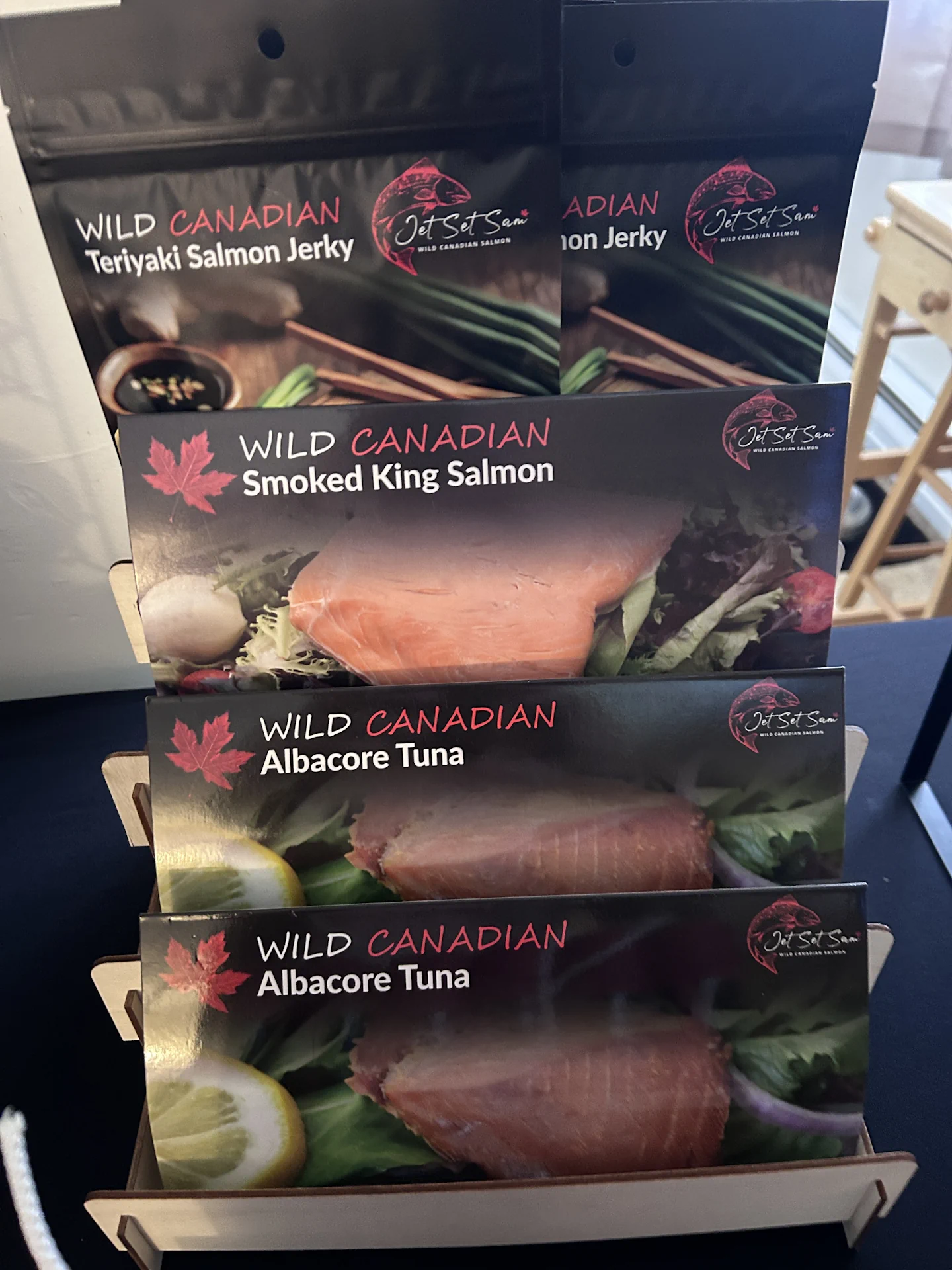 Teriyaki salmon jerky, smoked king salmon and Canadian tuna